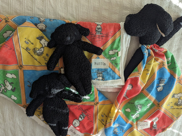 RESERVED FOR CAMILLA dog lovey, vintage sheet, dog stuffies and blankets, security blanket collection
