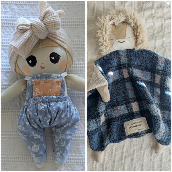 RESERVED FOR Brittany boy Animal Lovey + small doll , fleece blanket, organic double gauze, security blanket HOLIDAY collection