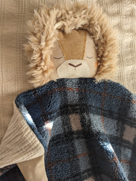 RESERVED FOR Brittany boy Animal Lovey + small doll , fleece blanket, organic double gauze, security blanket HOLIDAY collection