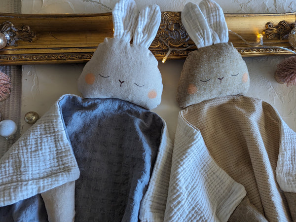 Bunny  Animal Lovey, fleece blanket, organic double gauze, security blanket HOLIDAY collection