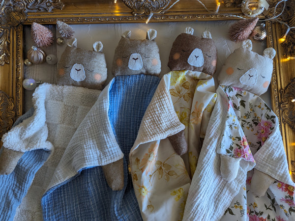 Bear Animal Lovey, fleece blanket, organic double gauze, security blanket HOLIDAY collection