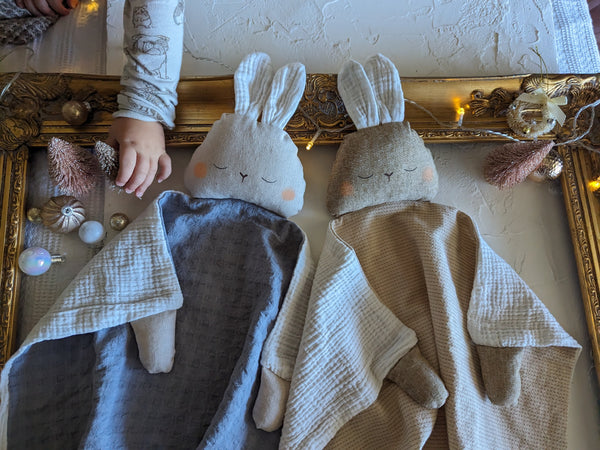 Bunny  Animal Lovey, fleece blanket, organic double gauze, security blanket HOLIDAY collection