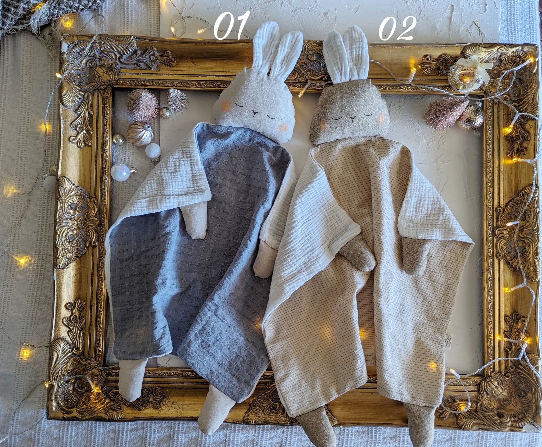 Bunny  Animal Lovey, fleece blanket, organic double gauze, security blanket HOLIDAY collection