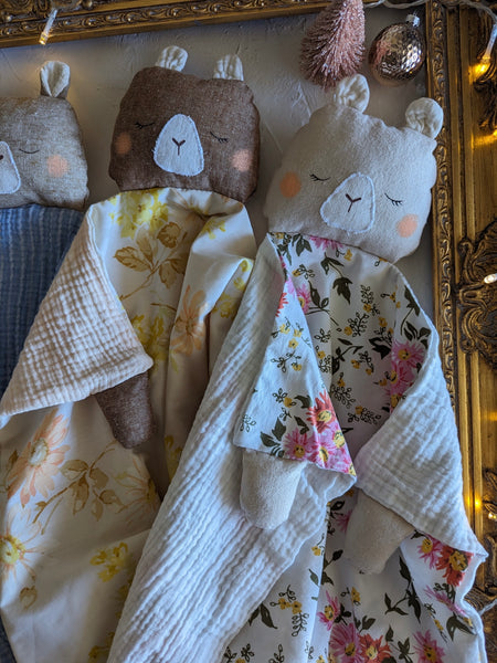 Bear Animal Lovey, fleece blanket, organic double gauze, security blanket HOLIDAY collection