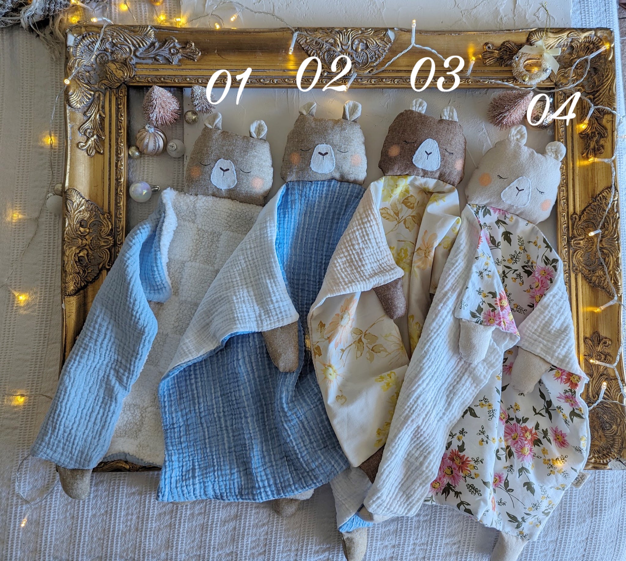 Bear Animal Lovey, fleece blanket, organic double gauze, security blanket HOLIDAY collection